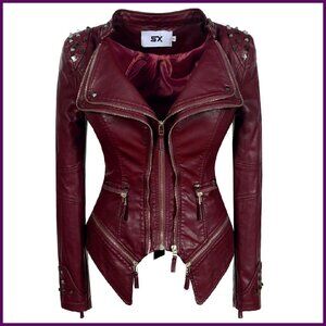 Faux Leather Motorcycle Jacket Studded Details Perfect Shaping Women's Sizes